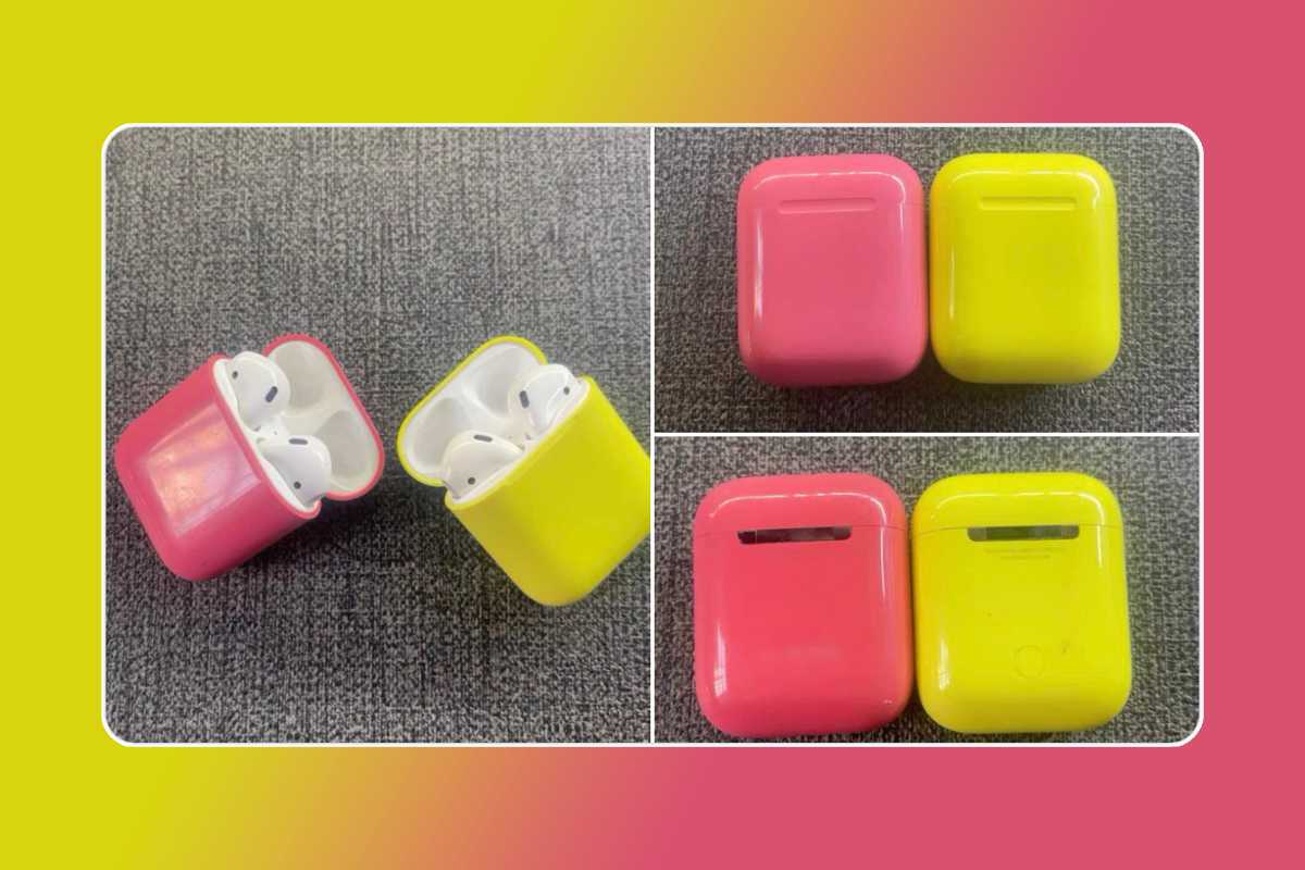 AirPods case prototypes in yellow and pink