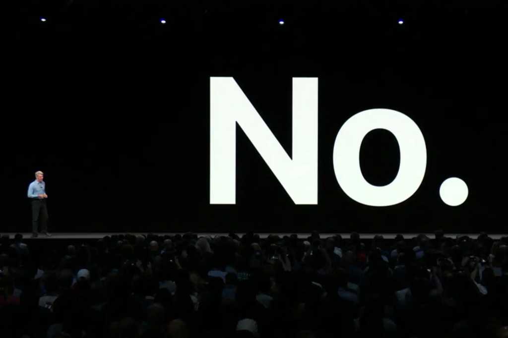 Slide during WWDC keynote with the word "No"