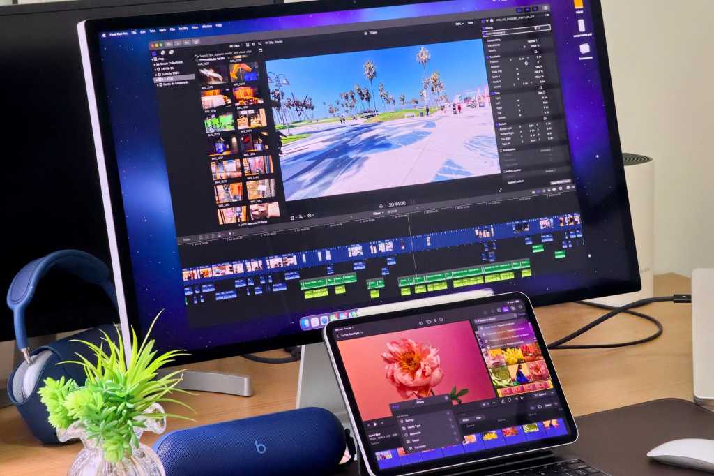 Final Cut Pro Creator Studio on an iPad with a Studio Disaplay running in the background